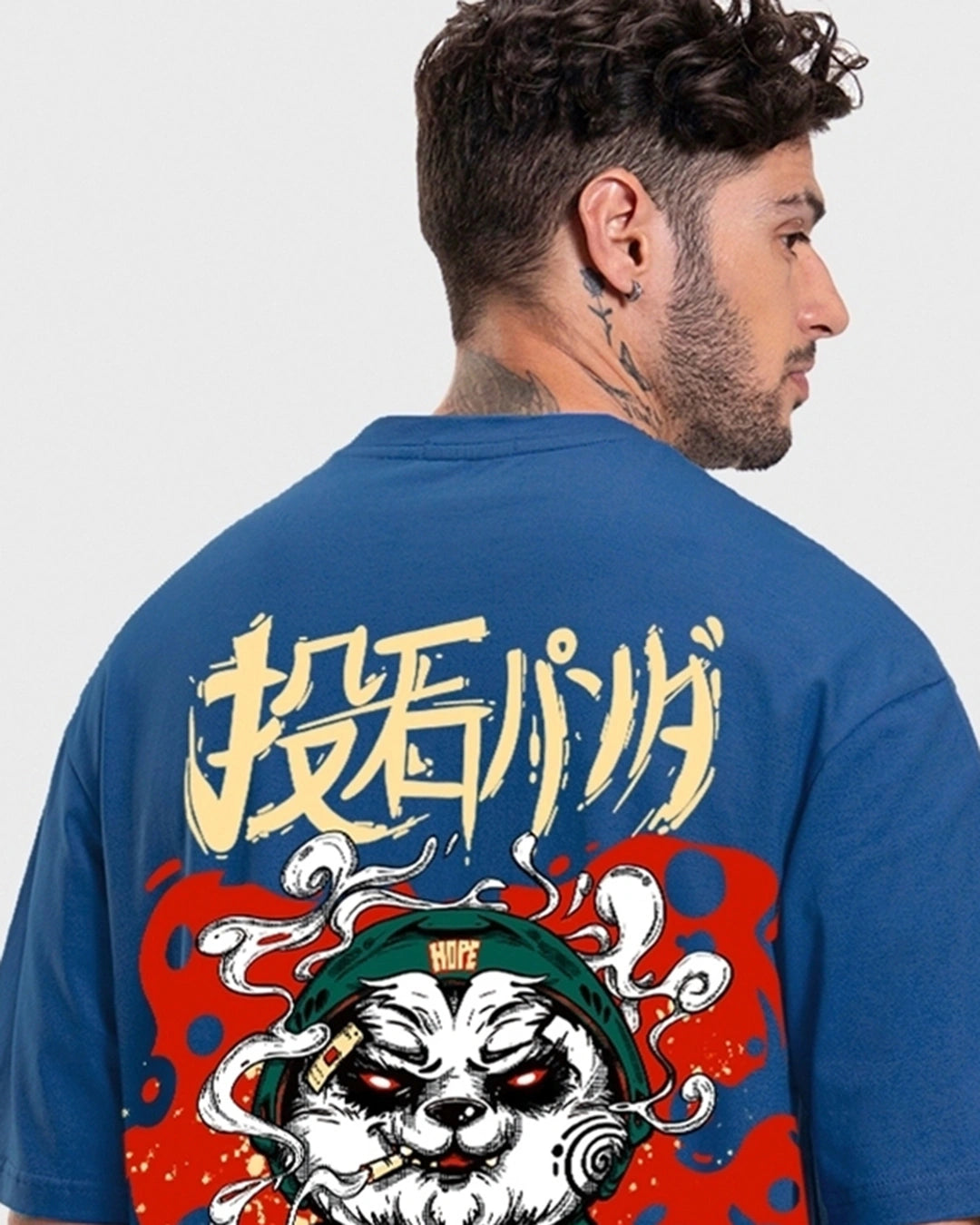 WMFFSHO Men's Blue Stoned Panda Graphic Printed Oversized T-shirt