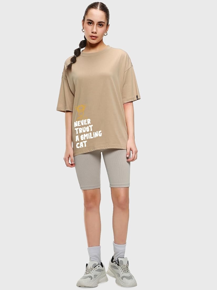 WMFFSHO Women's 100% Cotton Graphic Print Oversized Fit Round Neck T-Shirt