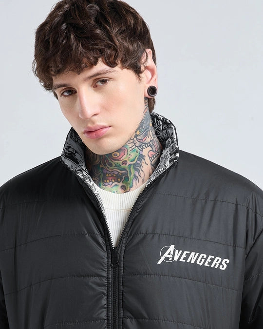 WMFFSHO Men's White & Black All Over Printed Oversized Reversible Zipper Puffer Jacket