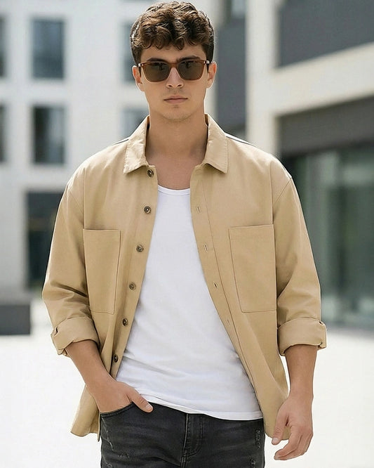 WMFFSHO Men's Beige Embroidered Oversized Twill Jacket