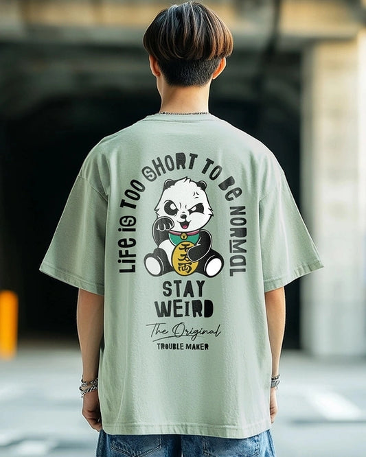 WMFFSHO Men's Green Stay Weird Typography Oversized T-shirt