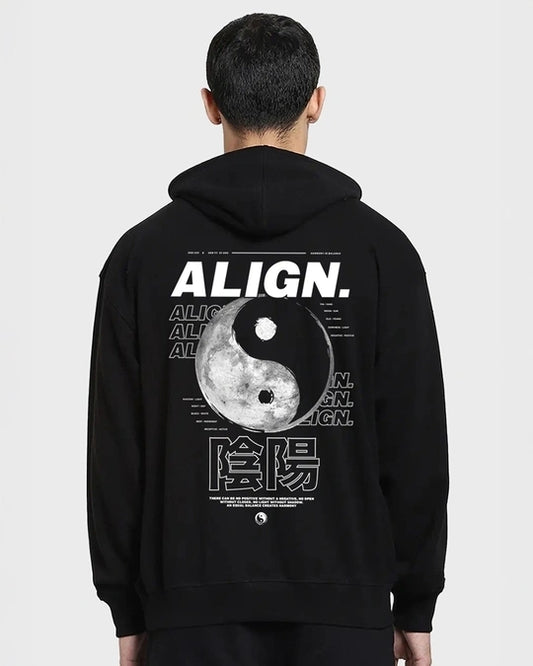WMFFSHO Men's Black Align Typography Oversized Hoodies