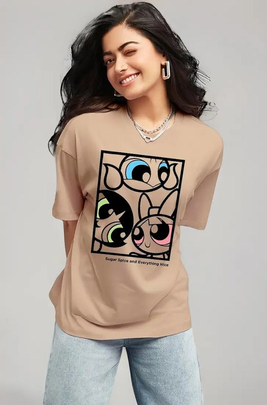 WMFFSHO Women's 100% Cotton Graphic Print Oversized Fit Round Neck T-Shirt