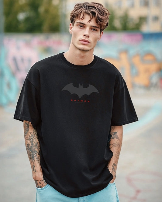 WMFFSHO Men's Black Batman Outline Logo Graphic Printed Oversized T-shirt