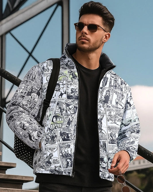 WMFFSHO Men's White & Black All Over Printed Oversized Reversible Zipper Puffer Jacket