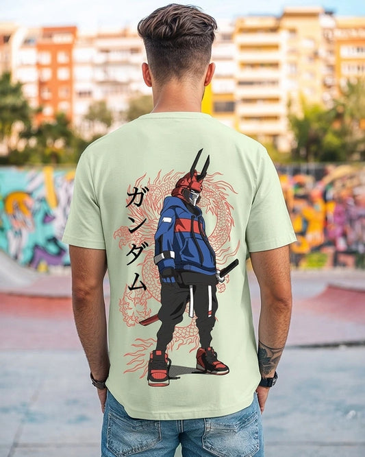WMFFSHO Men's Green Cyber Samurai Graphic Printed T-shirt