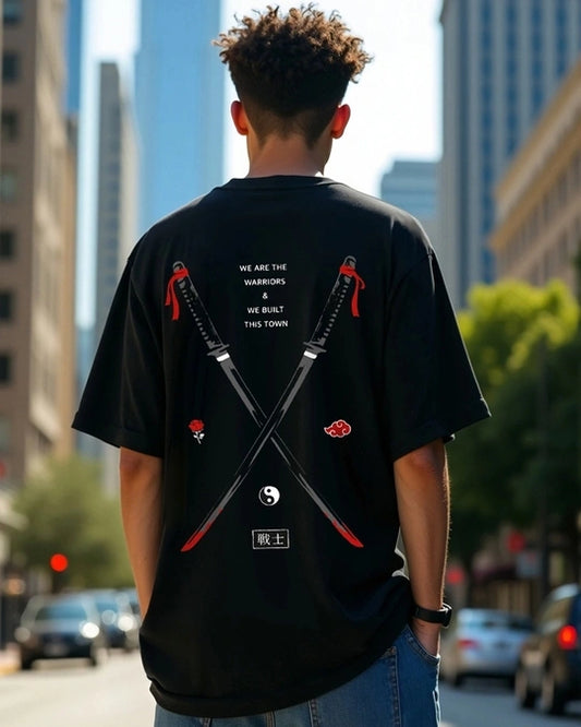 WMFFSHO Men's Black Warriors Graphic Printed Oversized T-shirt