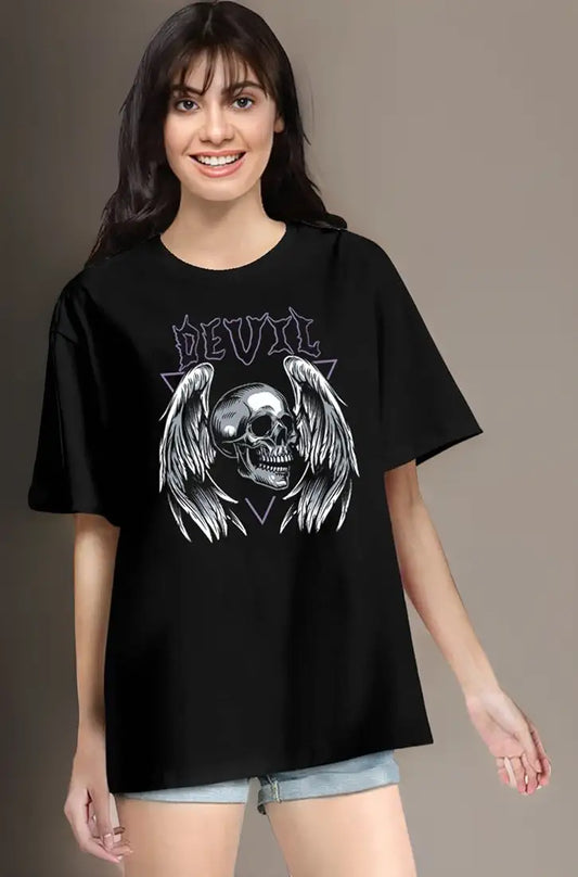 WMFFSHO Women's Oversized Devil Graphic Printed Round Neck Multicolour T-Shirts. 100% Cotton Printed T-Shirts