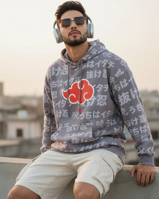 WMFFSHO Men's Grey All Over Printed Oversized Hoodies
