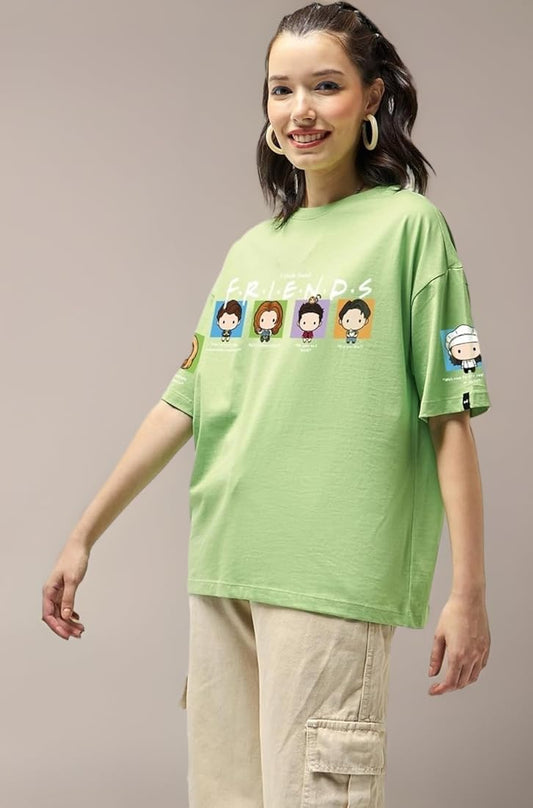 WMFFSHO Women's 100% Cotton Graphic Print Oversized Fit Round Neck T-Shirt